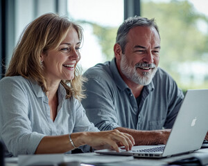 Fototapeta premium Happy Man and Woman Working a Laptop in an Office