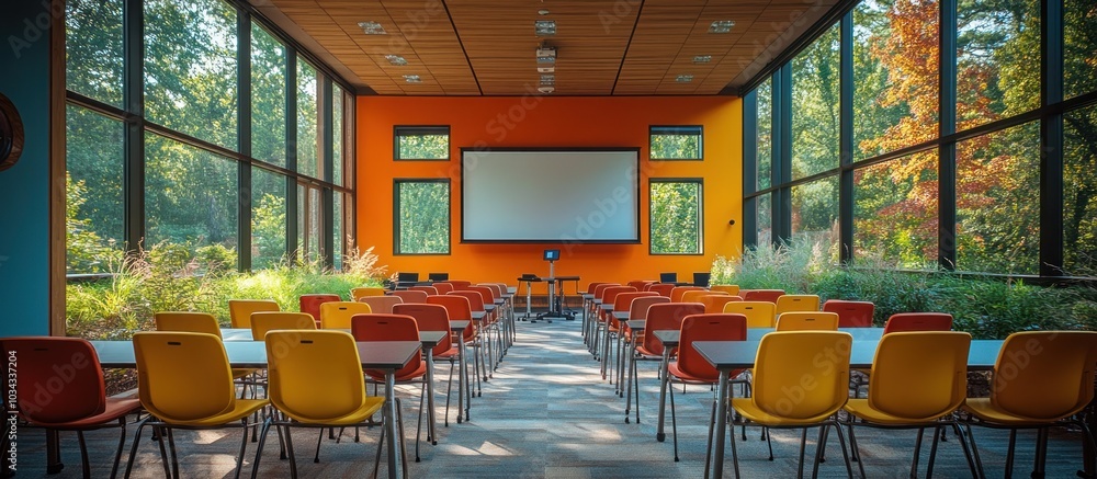 Poster empty classroom with large windows and projection screen