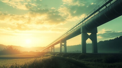 Fototapeta premium Pipelines stretch across a tranquil countryside framed by sunset and lush green fields
