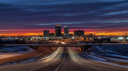 Breathtaking urban sunset a captivating view of city skyscrapers against a colorful twilight sky with flowing traffic below,wallpaper scenic vibrant