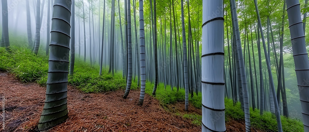 Wall mural mysterious bamboo forest a tranquil escape into nature's serenity with towering stalks soft mist and