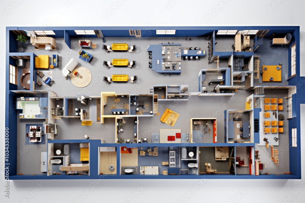 Poster minimalist office layout design using corporate colors for efficient space utilization