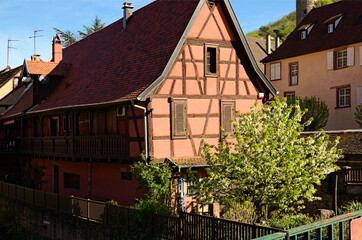Colorful vintage houses. Authentic architecture in Riquewihr village, the Haut-Rhin department,  Grand Est in north-eastern France. Travel and tourism concept