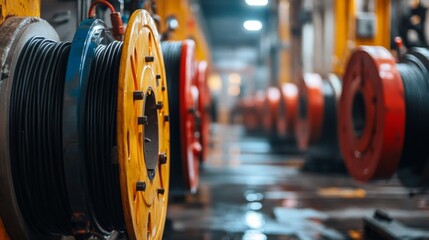 Obraz premium Large spools of electrical wiring are organized neatly within a vibrant industrial environment