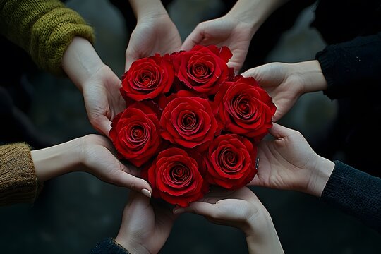 A circle of hands gently cradles a bouquet of vibrant red roses, symbolizing unity, love, and collective beauty.
