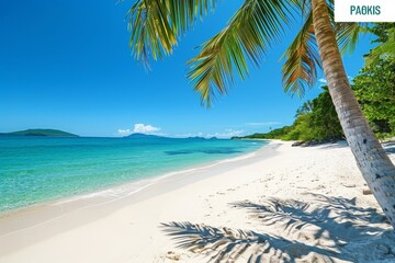 A tranquil tropical beach features fine white sand and vibrant palm trees swaying in the gentle breeze, with crystal-clear blue waters on a sunny day.
