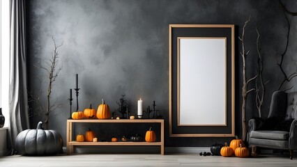 Modern minimalist vertical wall art mockup for Halloween theme, blank frame for vertical wall art living room mockup, Halloween and Christmas spooky scary vibes of the room interior design