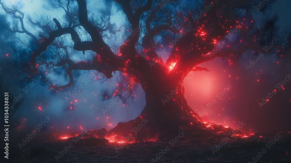 Poster a tree with red leaves and branches is lit up with fire. the scene is dark and mysterious, with the 