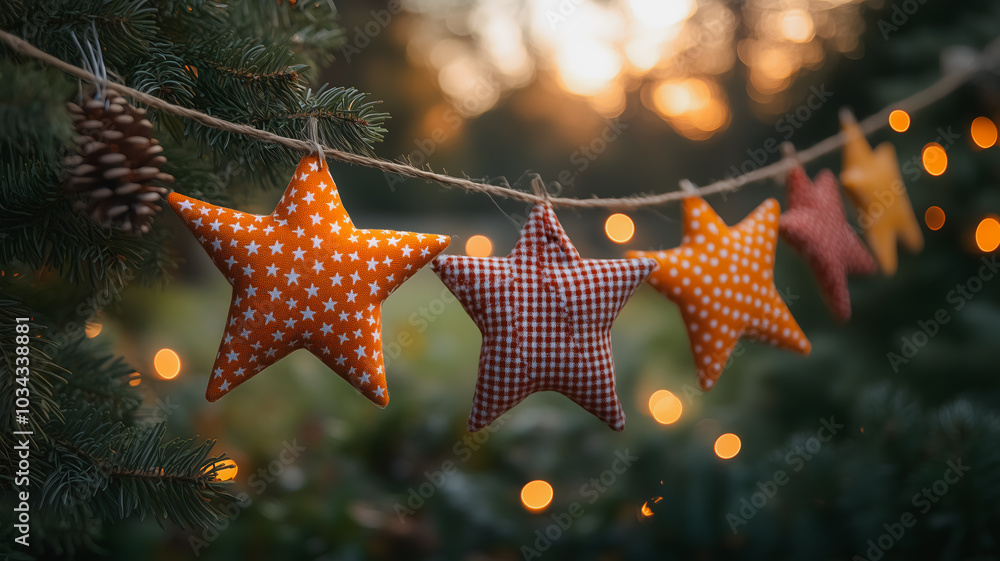 Poster a string of stars hanging from a tree. the stars are of different sizes and colors, with some being 