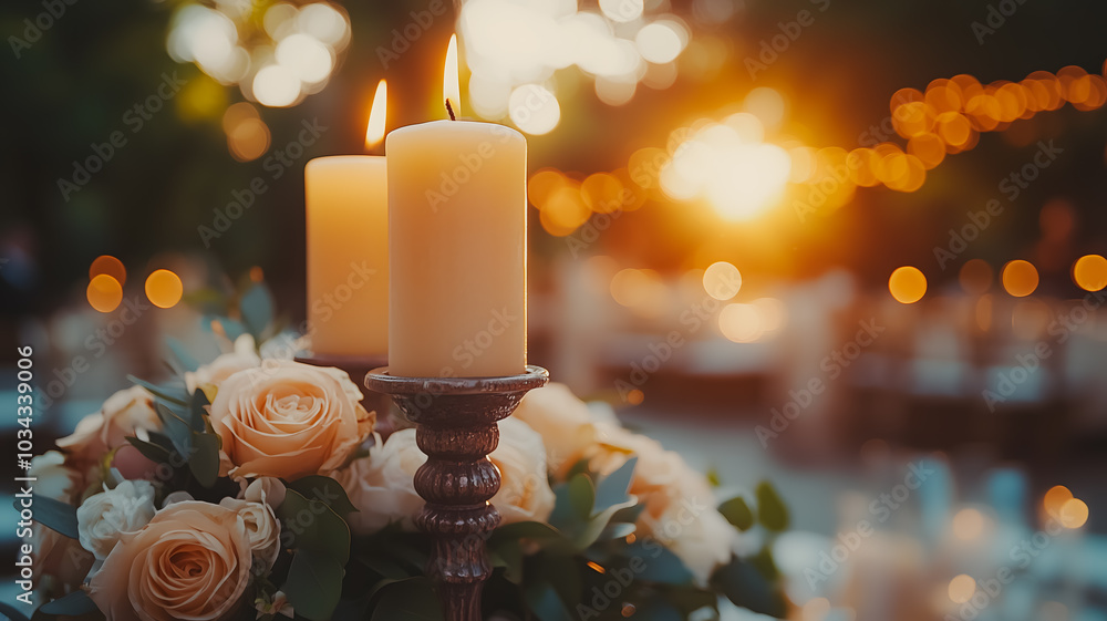 Poster the candles are lit and arranged on a table with a beautiful floral centerpiece. the candles are pos