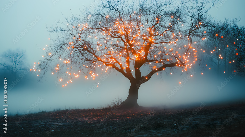 Poster a tree with lights on it in the fog. the lights are glowing and the tree is surrounded by fog
