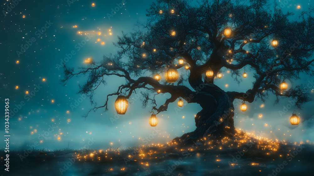 Poster a tree with many lights hanging from it. the lights are glowing and the tree is surrounded by a dark