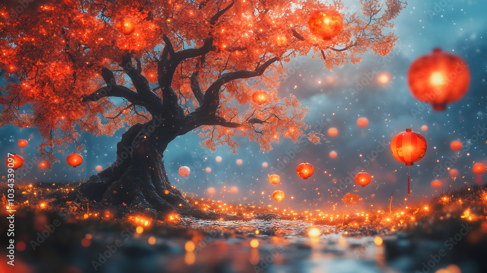 Poster a tree with red leaves and orange lanterns hanging from it. the lanterns are lit up and scattered ar