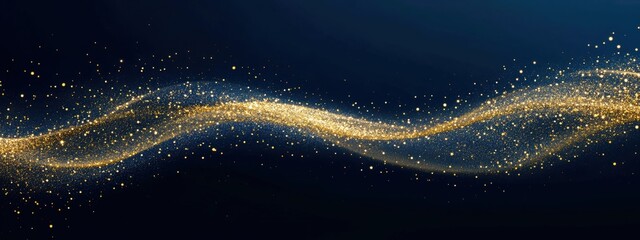 Luxurious gold wavy swoosh with shimmering glitter and soft bokeh lights, creating an elegant, glowing abstract design perfect for festive or glamorous themes.