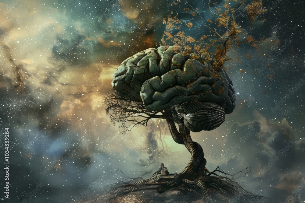 Poster this unique composition features a tree resembling a brain, its branches intertwining with a cosmic 