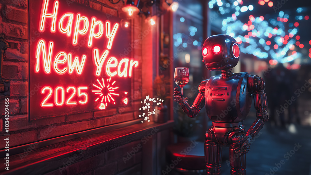 Poster a robot is standing in front of a red sign that says happy new year 2025. the robot is holding a win