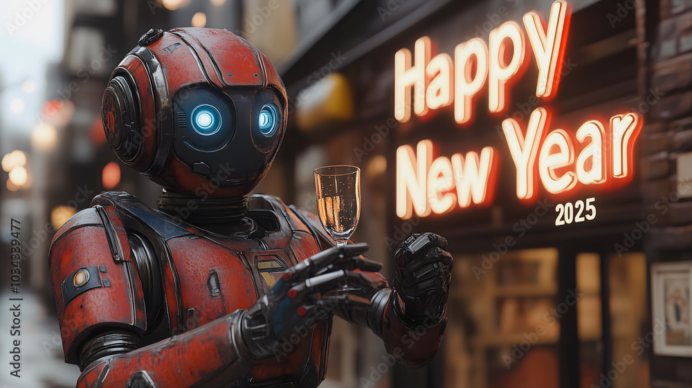 Aufkleber a robot is holding a glass of wine and standing in front of a happy new year sign. the image has a f