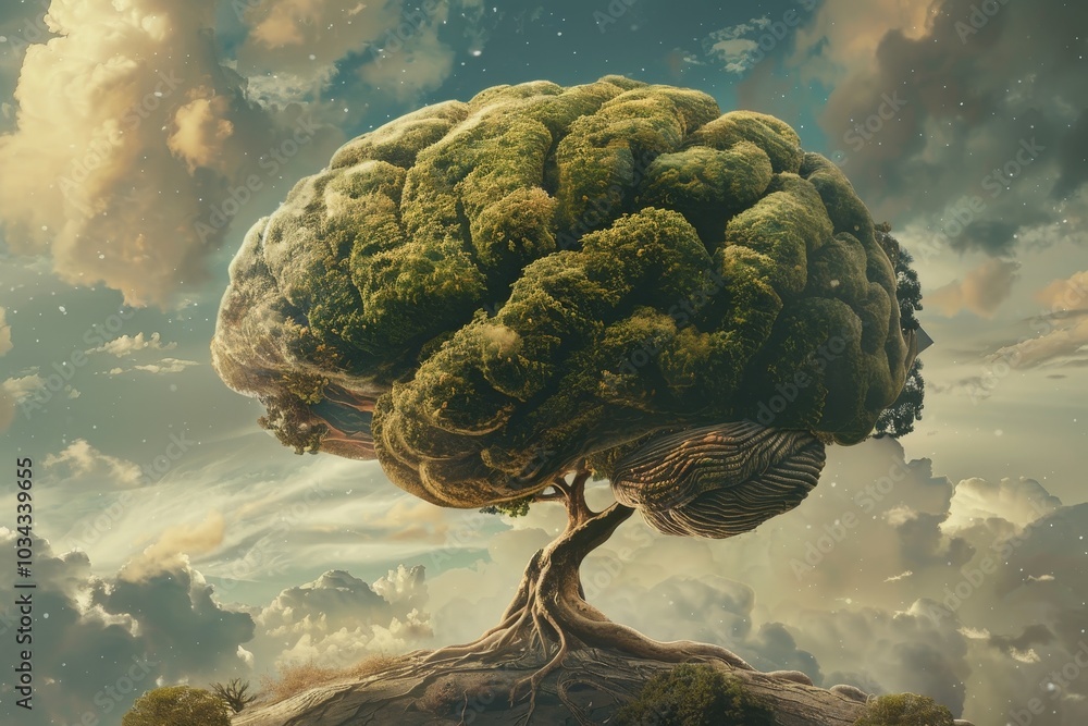 Poster a large tree resembling a human brain rises prominently above the ground, with lush green foliage an
