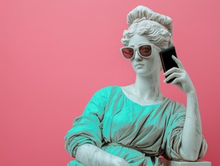 Ancient female statue wearing sunglasses, using a cell phone. Social media retrofuturism background