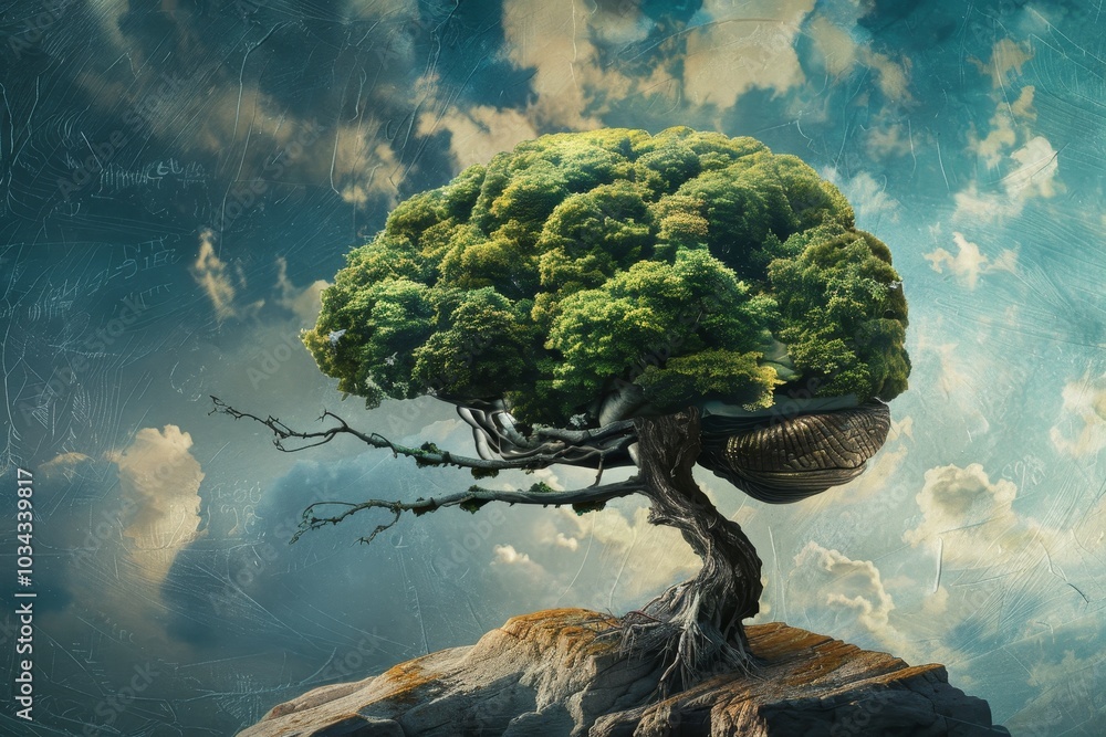 Poster a fantastical tree with an extensive root system and vibrant leaves is suspended above rocky ground,