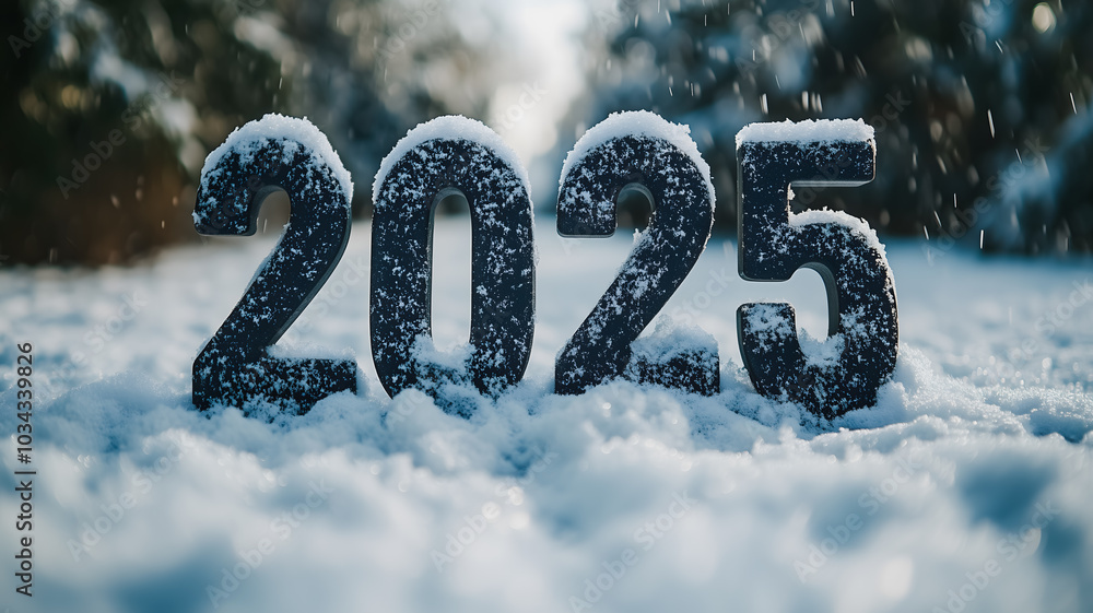 Poster a snow-covered field with a large number 2025 of snowflakes falling from the sky. the snowflakes are