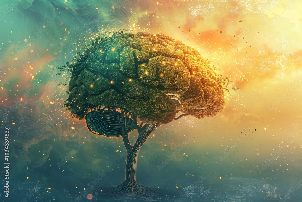Poster a unique tree resembling a human brain stands tall against a colorful sky at sunset, illuminated by 