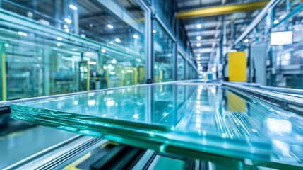 Obraz premium Glass sheets are being shaped and prepared in a bustling manufacturing facility today
