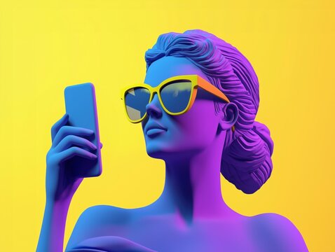 Antique female statue wearing sunglasses, looking at a cell phone. Retro futurism 3D neon background