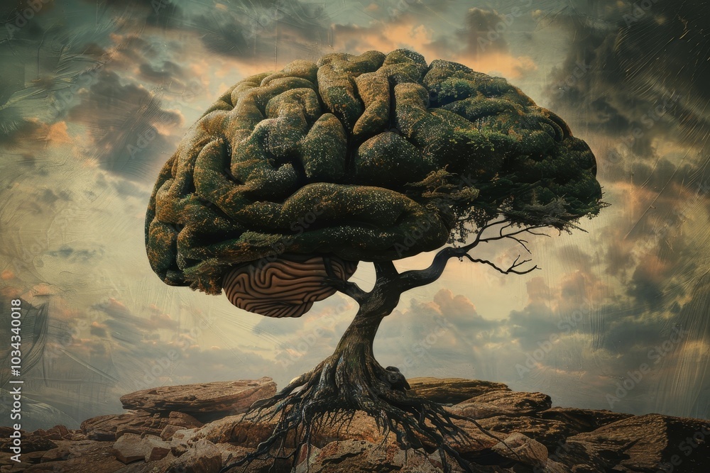 Poster a unique tree stands tall with a canopy resembling a human brain, surrounded by rugged rocks under a