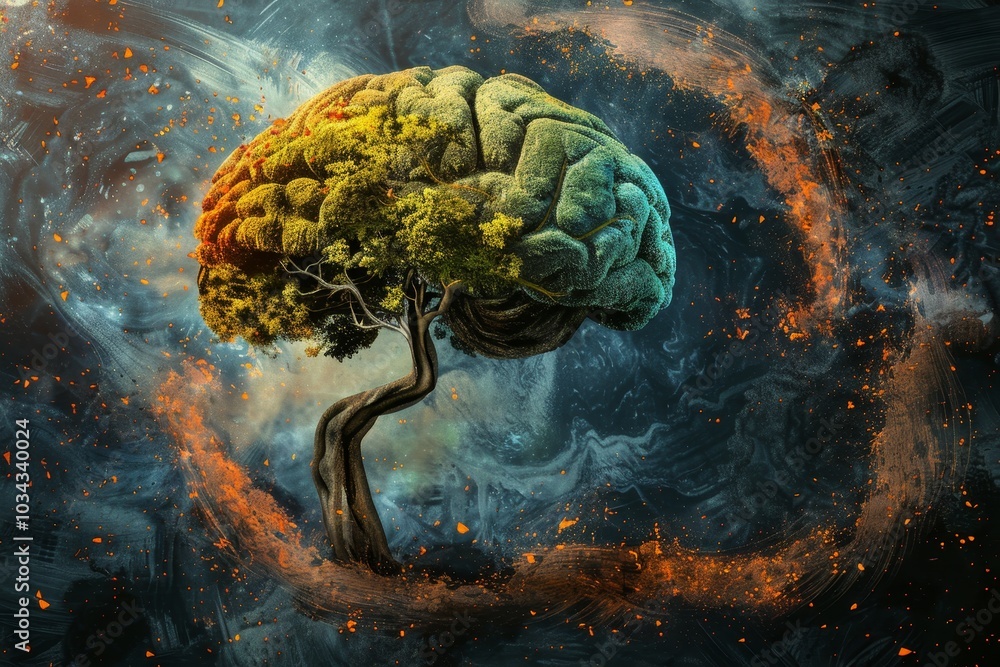 Poster a unique tree resembling a brain stands at the center, enveloped by dynamic colors and swirling patt