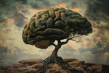 A unique tree stands tall with a canopy resembling a human brain, surrounded by rugged rocks under a moody sky at dusk, merging elements of nature and intellect.