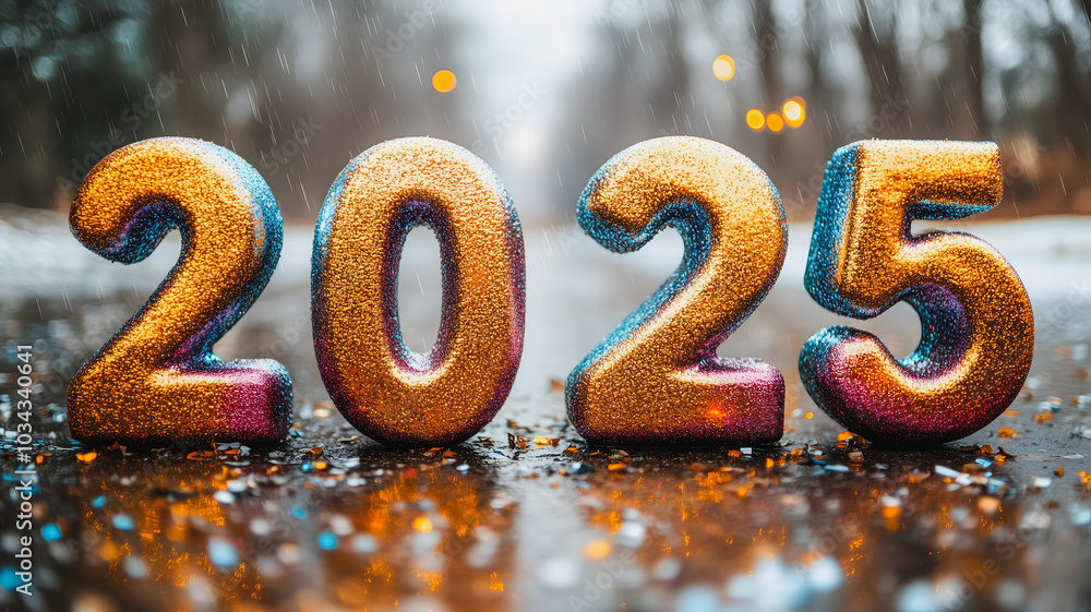 Poster a large number of glittery letters spelling out the number twenty-five. the letters are made of shin