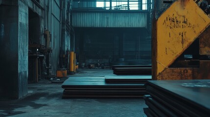 Steel sheets are neatly stacked in an industrial workshop showcasing organized precision