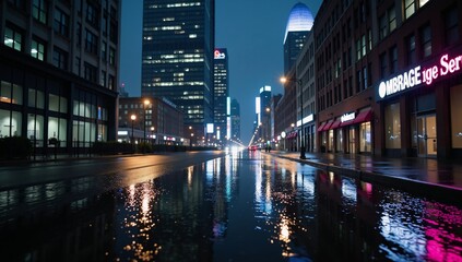 A rain-soaked urban landscape at night