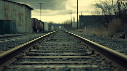 Fototapeta premium Train tracks stretch ahead guiding the eye toward an industrial landscape under gray clouds