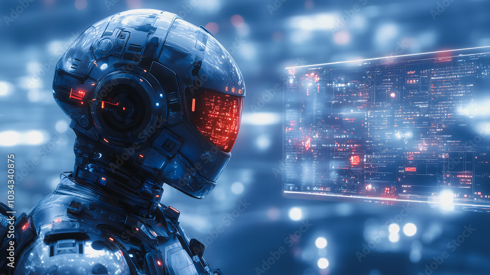 Poster a robot with a red helmet is looking at a computer screen. the robot is wearing a blue suit and has 