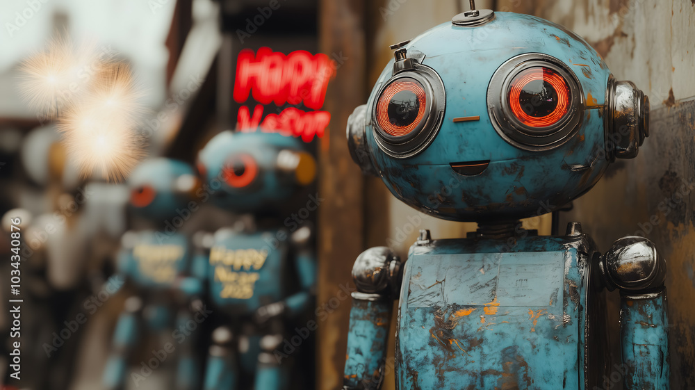 Poster a robot with red eyes stands in front of a sign that says happy new year. the robot is surrounded by