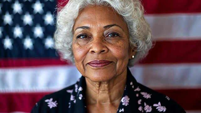 An older woman with gray hair smiles in front of an American flag