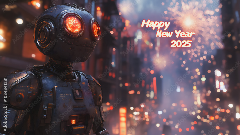 Aufkleber a robot is standing in front of a city with fireworks in the background. the robot is wearing a blac
