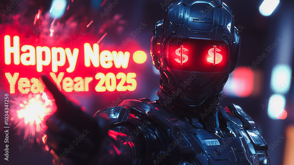 Poster a robot with dollar signs on its face pointing to the year 2025. the robot is surrounded by bright l