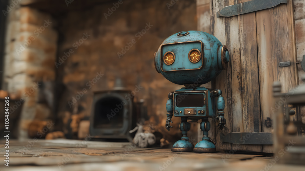 Aufkleber a robot is standing in front of a door. the robot is blue and has a light on its head. scene is some