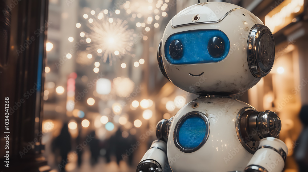 Poster a robot is standing in a city street with people walking by. the robot is smiling and he is happy