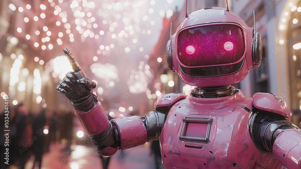 Aufkleber a robot with pink skin and red eyes stands in front of a crowd of people. the robot is pointing to t
