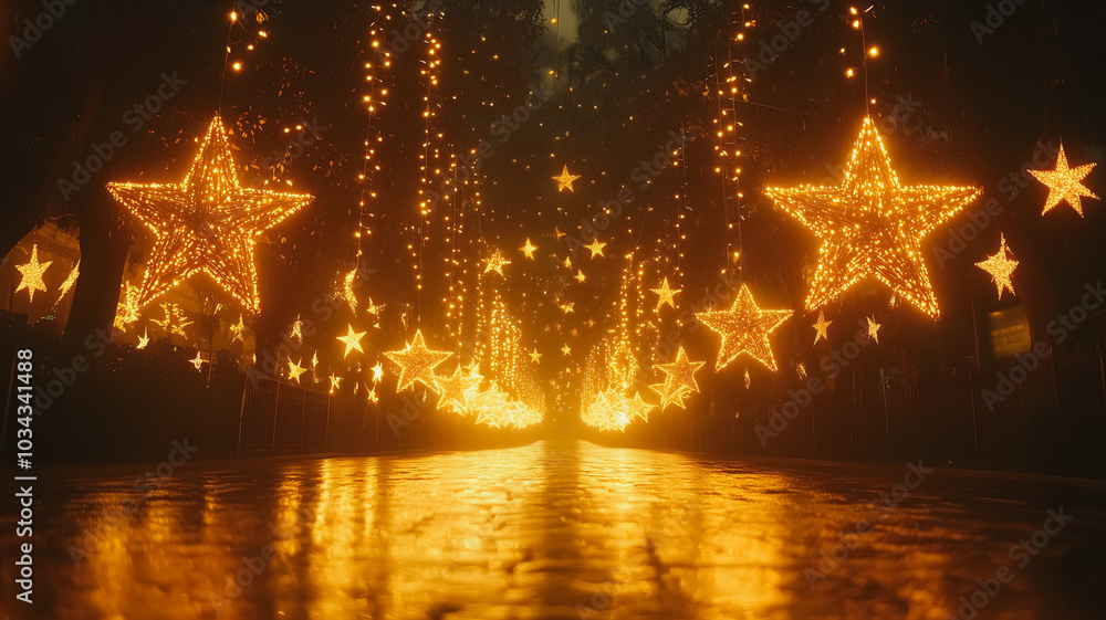 Poster a series of lit up stars are hanging from the ceiling. the stars are lit up in a variety of colors a