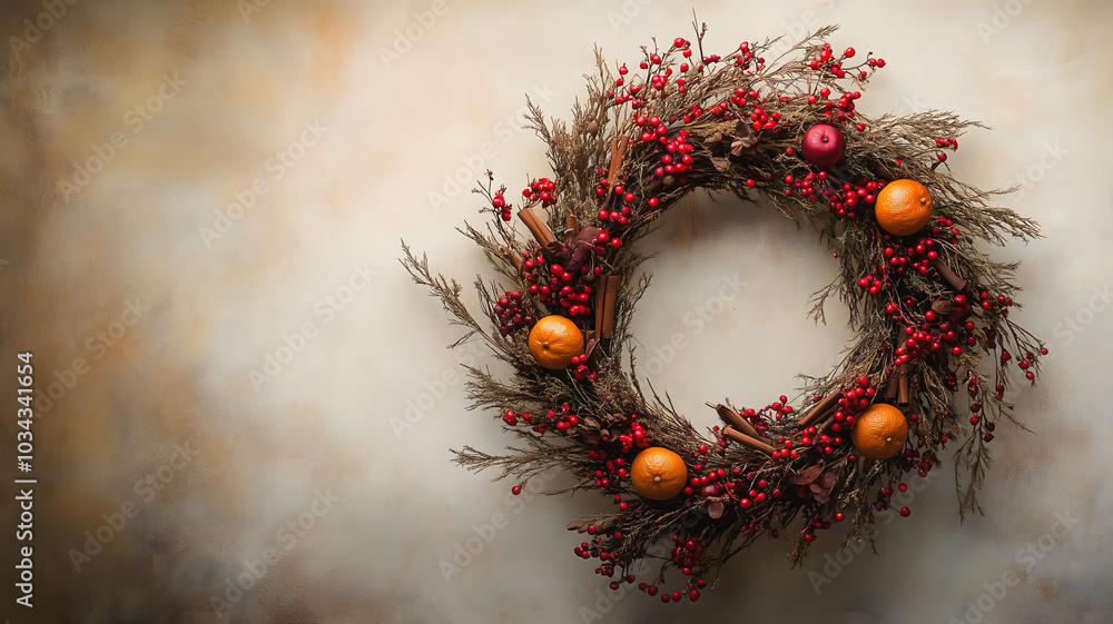Poster a wreath with red berries and oranges on it. the wreath is circular and has a brown and red color sc