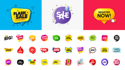 Offer discount tag banners. Price deal sale stickers. Best special offer tags. Flash sale bubble coupon. Promotion discount banner templates design. Buy offer sticker, register now. Vector
