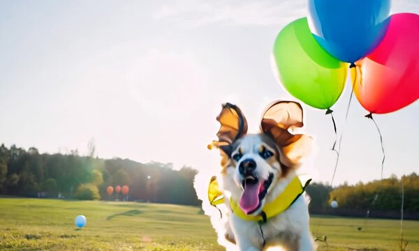 happy birthday party, birthday balloons, dog with balloons