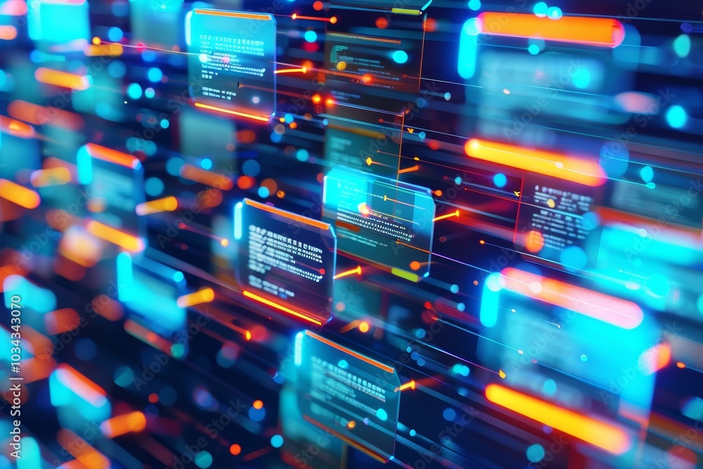 Poster colorful digital blocks float and connect against a dark background, creating a futuristic look that