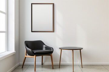 Bright room with a black armchair, an empty frame hanging on the wall, mockup