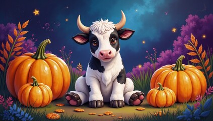 Fototapeta premium Adorable Halloween-themed highland cow sits amidst colorful fantasy watercolor scene surrounded by glowing pumpkins